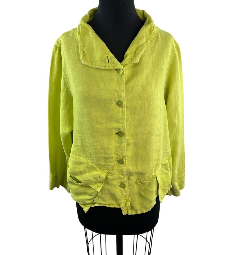 OSKA Lagenlook Bright Green Yellow Top Linen Collared Long Sleeve Jacket Size 2